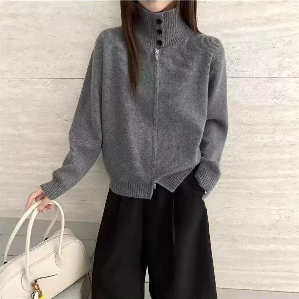 High neck pit striped sweater women's double zipper knitted cardigan