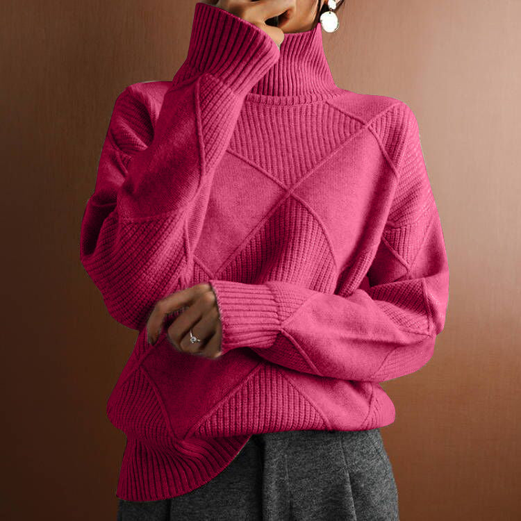 Commuter Knitwear Solid Color High Neck Diamond Sweater for Women
