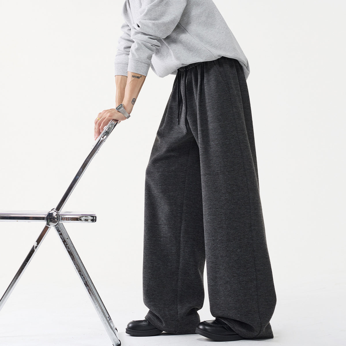 Subtle Patterned Slim Stripe Straight-Leg Casual Trousers for Men, Autumn Loose Drape Vintage Casual Long Pants