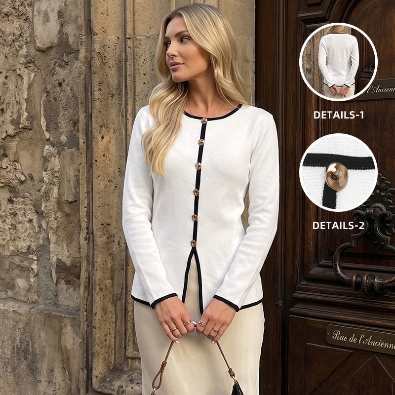 Black and white contrasting button decoration round neck waist sweater for women