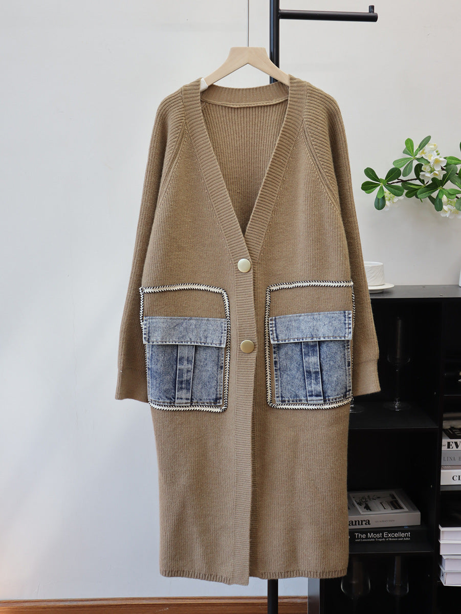 Long spliced denim pocket sweater