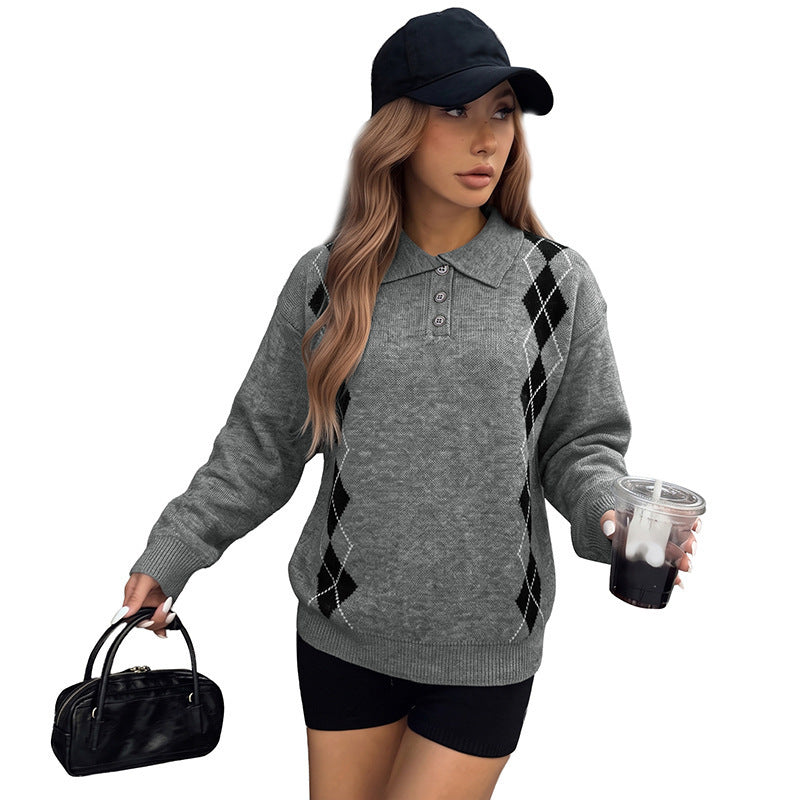 Loose diamond grid Polo collar sweater
