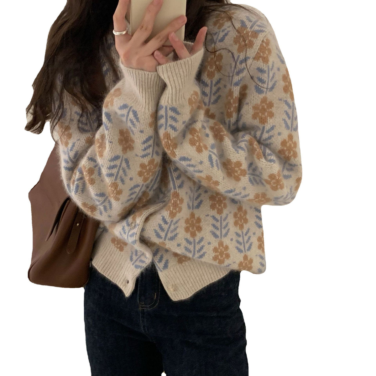 Retro jacquard sweater women's round neck cardigan jacket