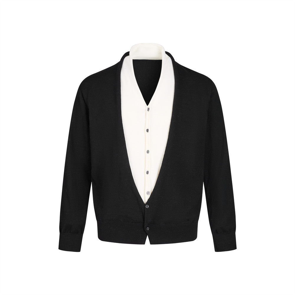 Fake two color blocked deep V-neck cardigans and sweaters