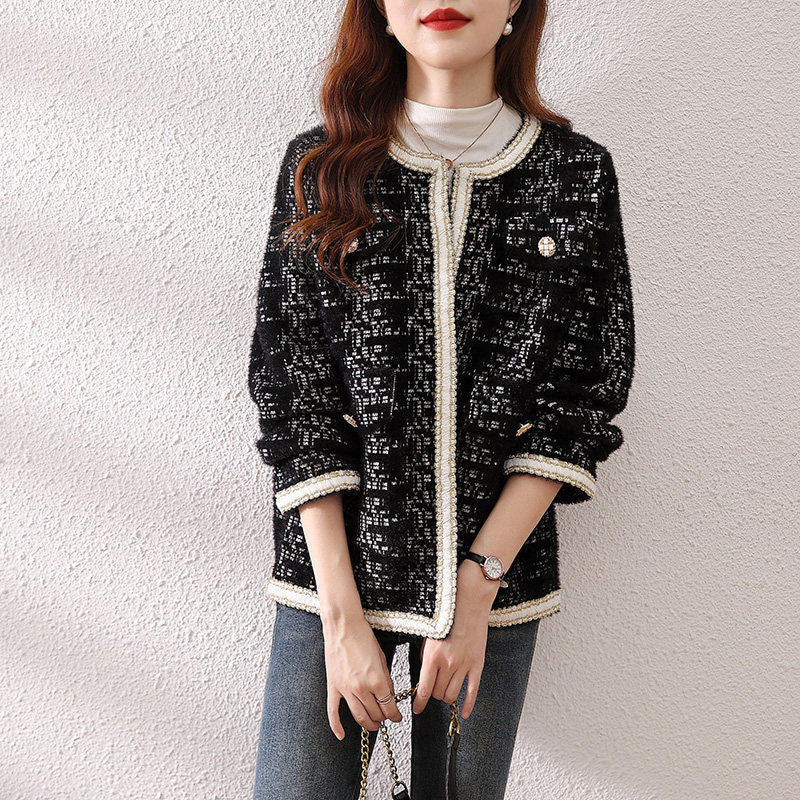 Round neck mink fur sweater jacket for women