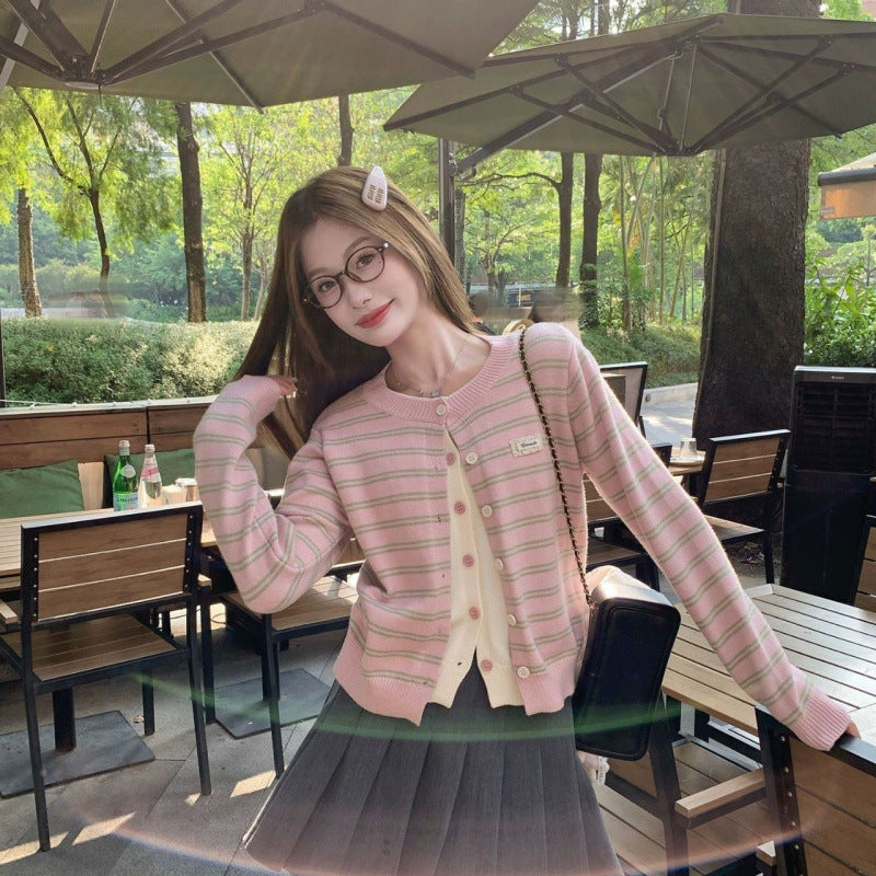Pink Mock Two-Piece Knit Cardigan for Women, Color-Blocked Stripe Outerwear