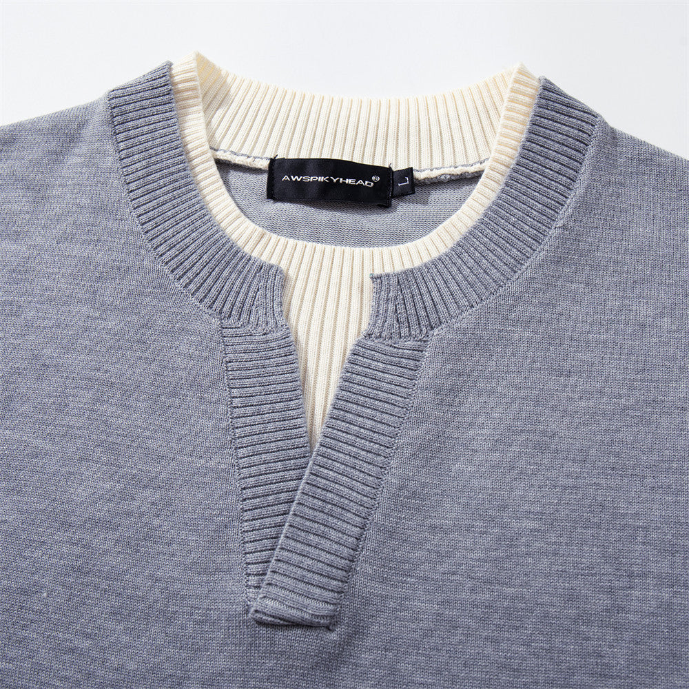 Color blocked V-neck fake two piece long sleeved knitted sweater