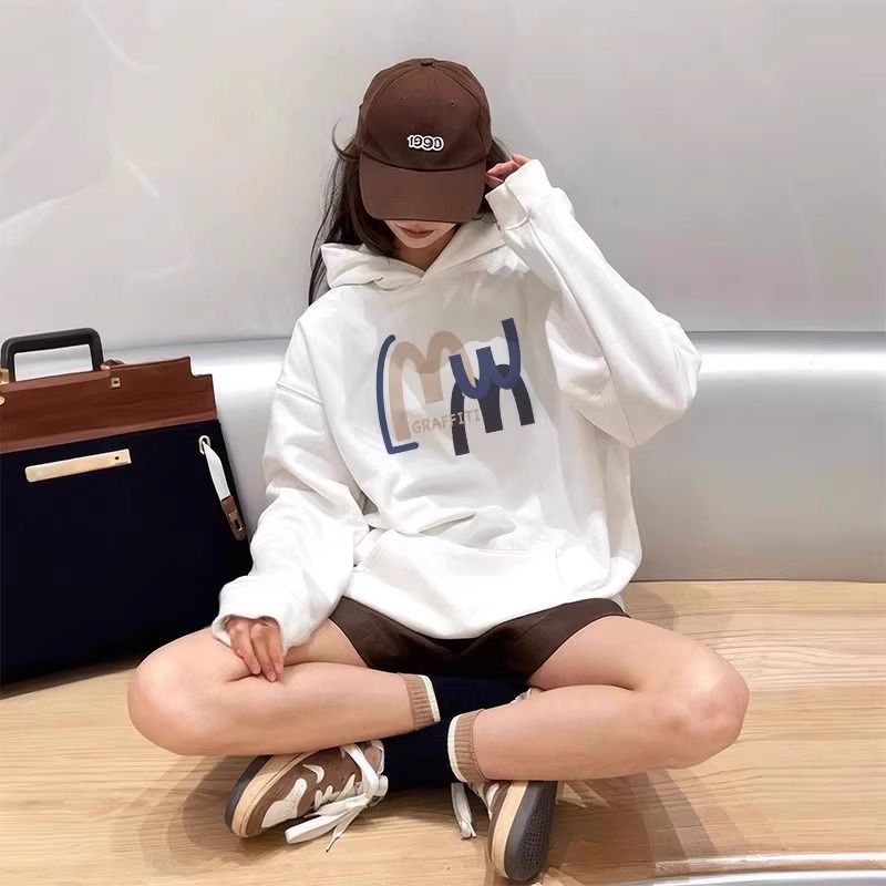 Chic Hooded Sweatshirt for Women with Letter Print, Loose Fit, Thick Fleece Lined
