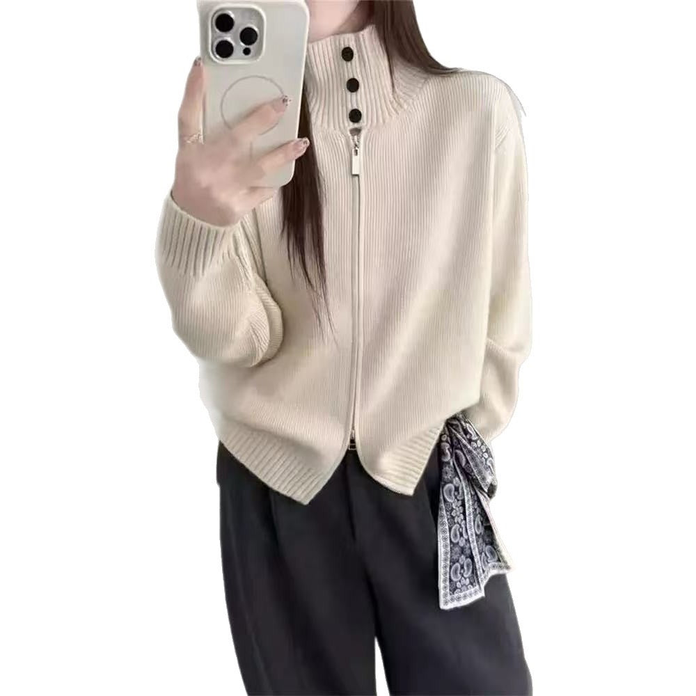 High neck pit striped sweater women's double zipper knitted cardigan