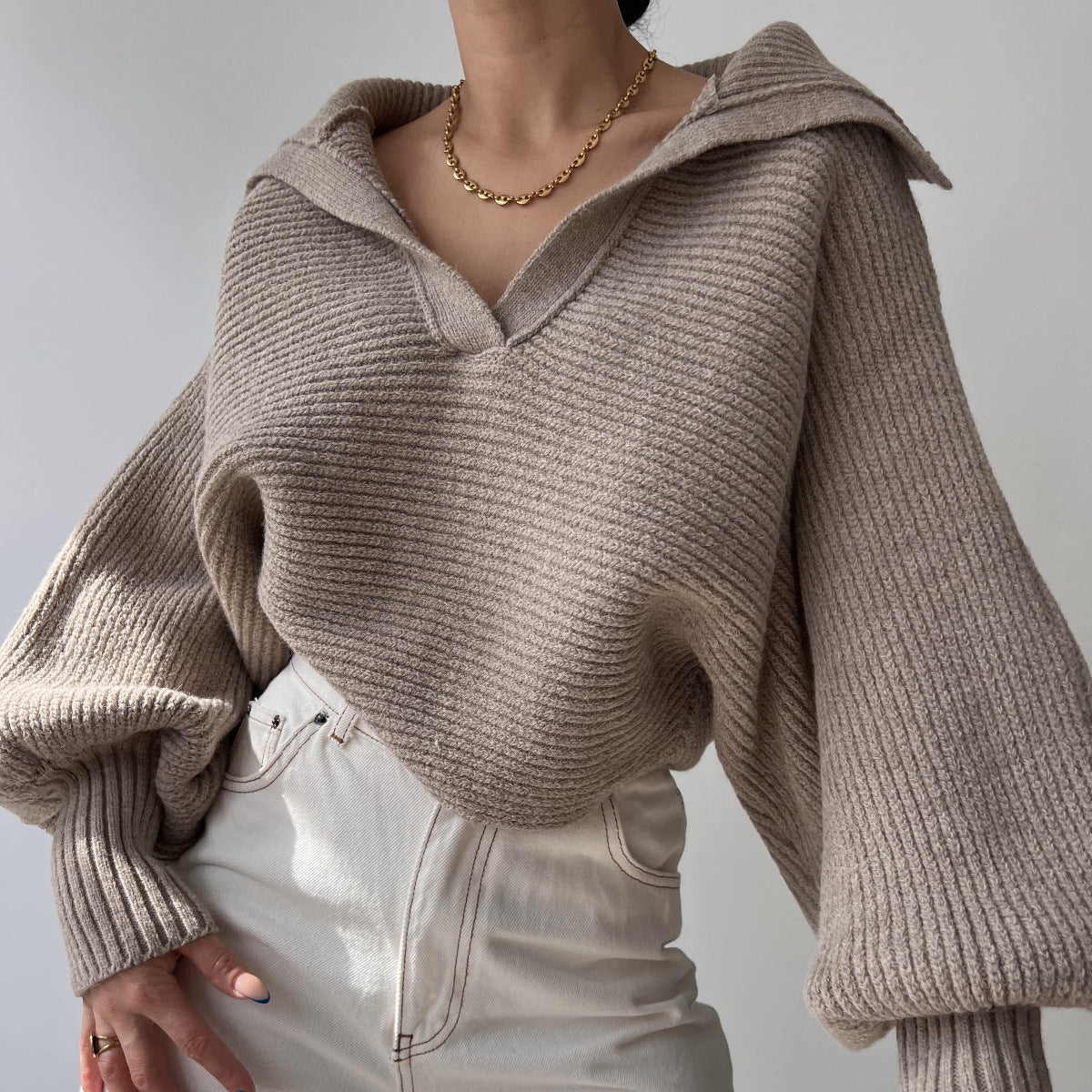 Chic Knit Sweater with Turn-Down Collar, Pullover Style, Women's Top