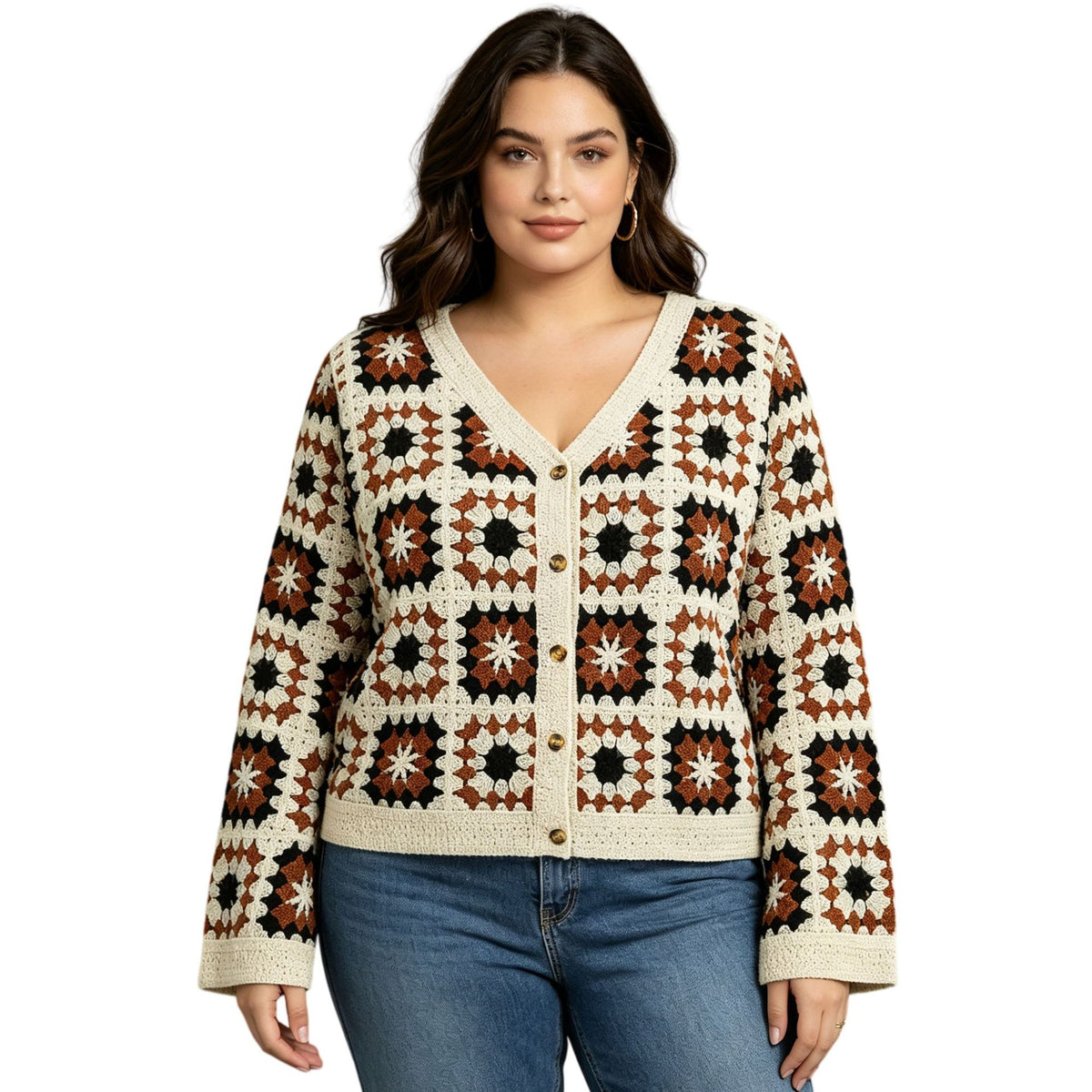 Square cardigan V-neck long sleeved hollowed out top