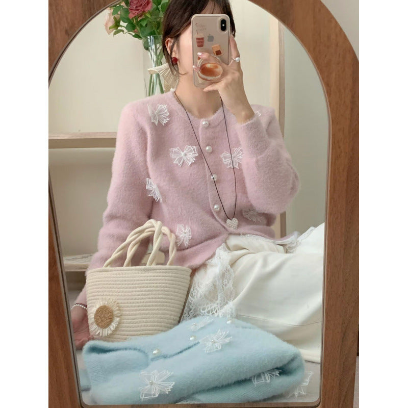 Gentle Style Elegant Embellished Bow Knit Cardigan for Women Sweater Coat