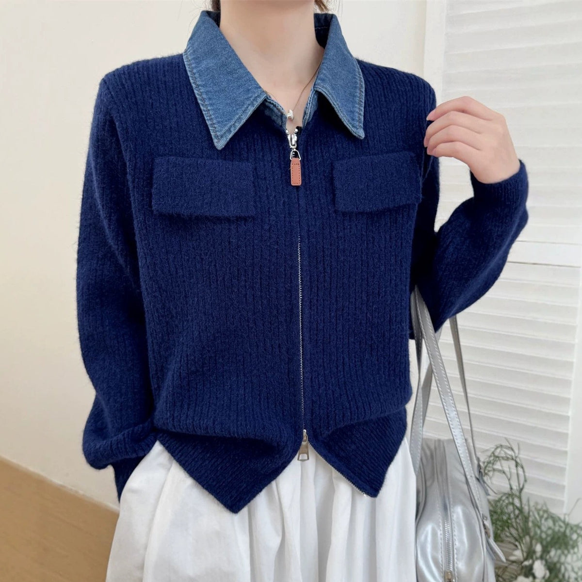 Double zipper knitted cardigan jacket for women