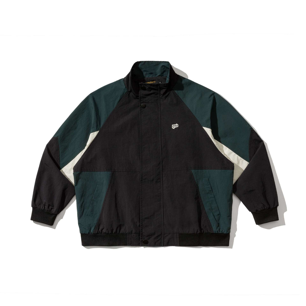 Color-block Design Zipper Stand-up Collar Loose Fit Couple Jacket