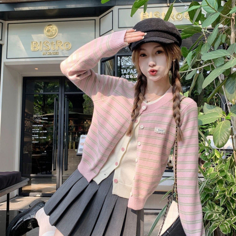 Pink Mock Two-Piece Knit Cardigan for Women, Color-Blocked Stripe Outerwear