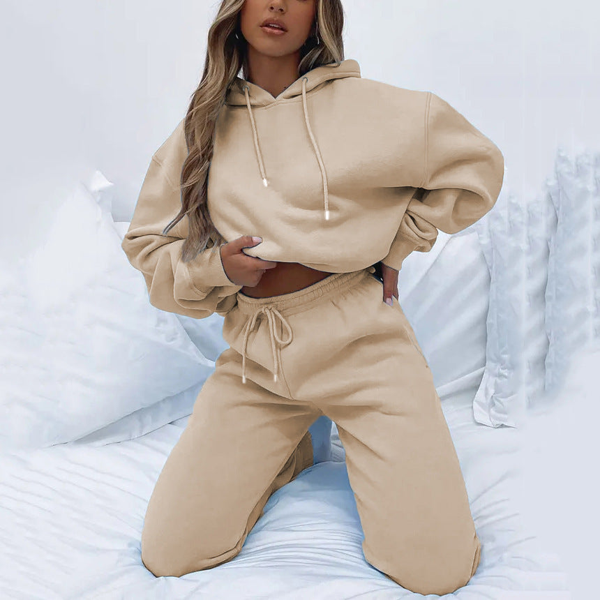 Solid Color Hooded Pullover Long Pants Women's Urban Casual Pocket Long Sleeve Sweatshirt Set