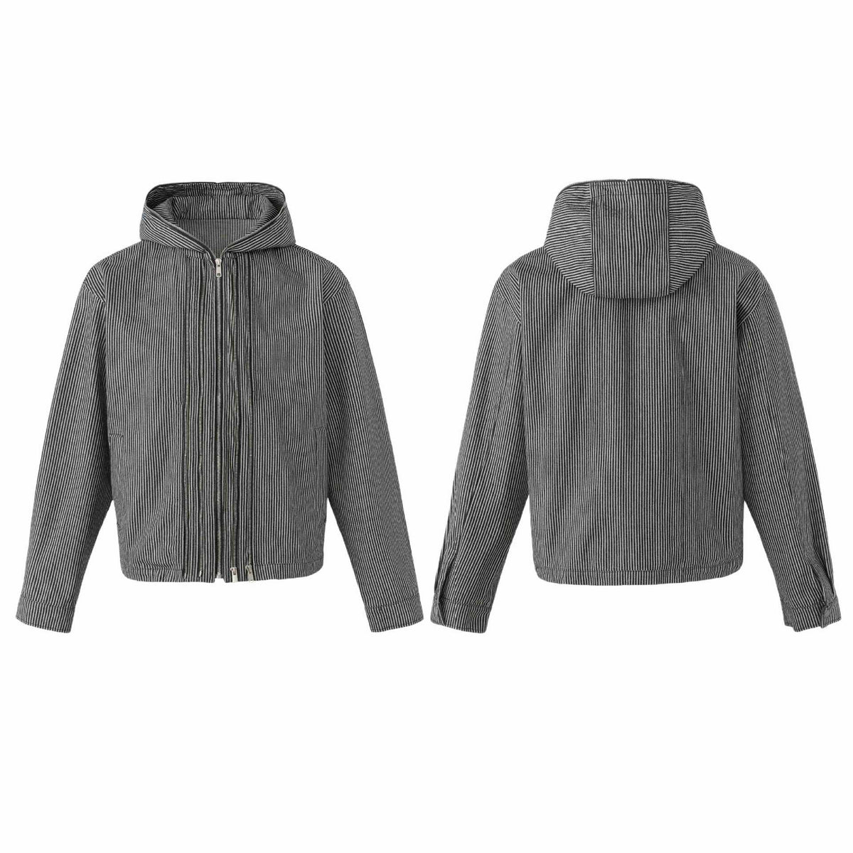 Vertical Stripe Hooded Multi-Zipper Decorative Work Jacket