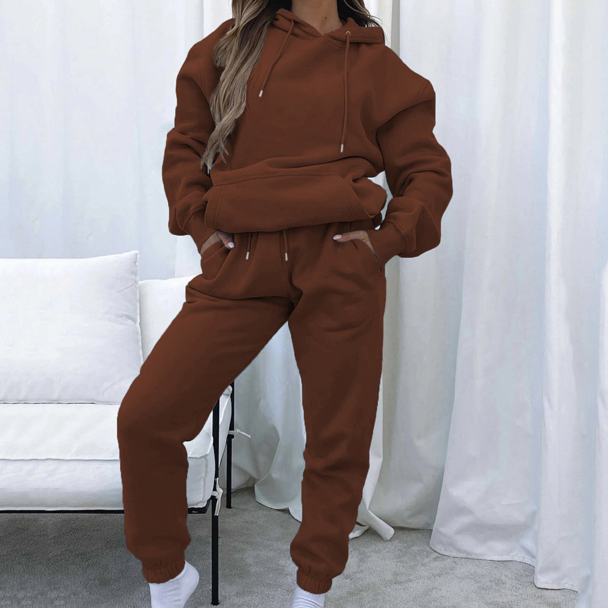 Solid Color Hooded Pullover Long Pants Women's Urban Casual Pocket Long Sleeve Sweatshirt Set