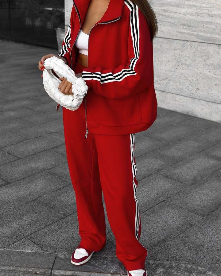 Sporty Casual Hooded Jacket Loose Color-block Striped Wide-leg Pants Two-piece Set for Women