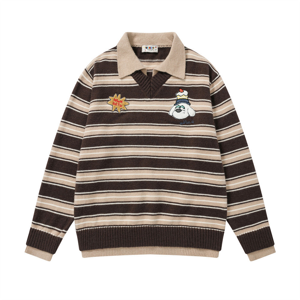 Color blocking striped fake two-piece spliced lapel sweater