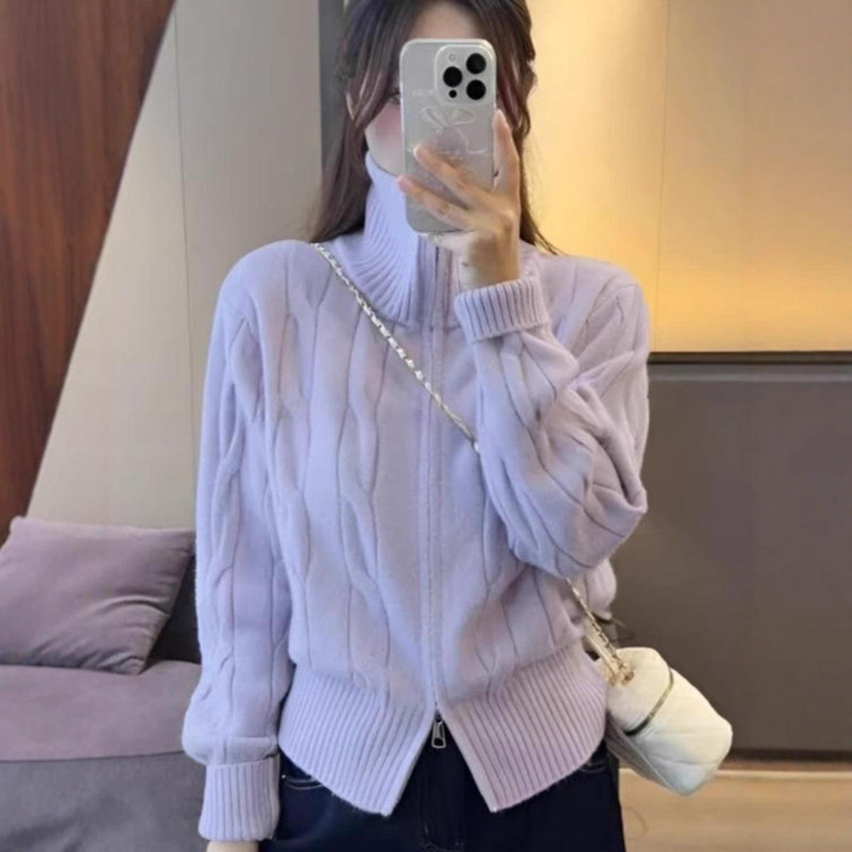 High neck double zipper sweater jacket for women