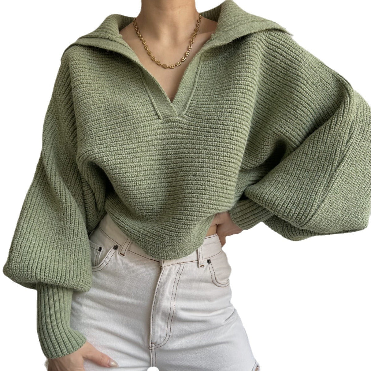 Chic Knit Sweater with Turn-Down Collar, Pullover Style, Women's Top