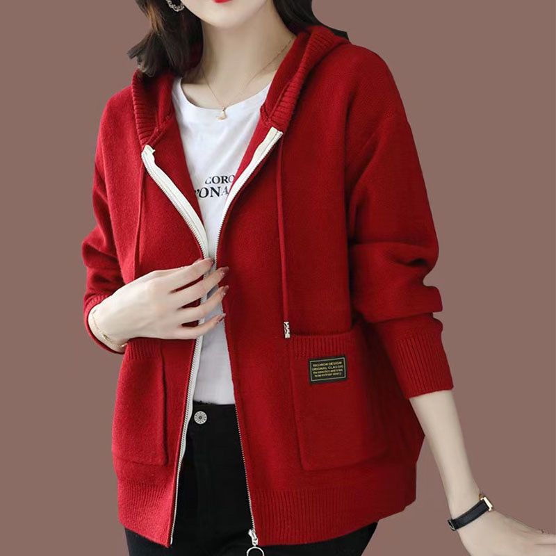 Zipper sweater with cap knit sweater jacket for women