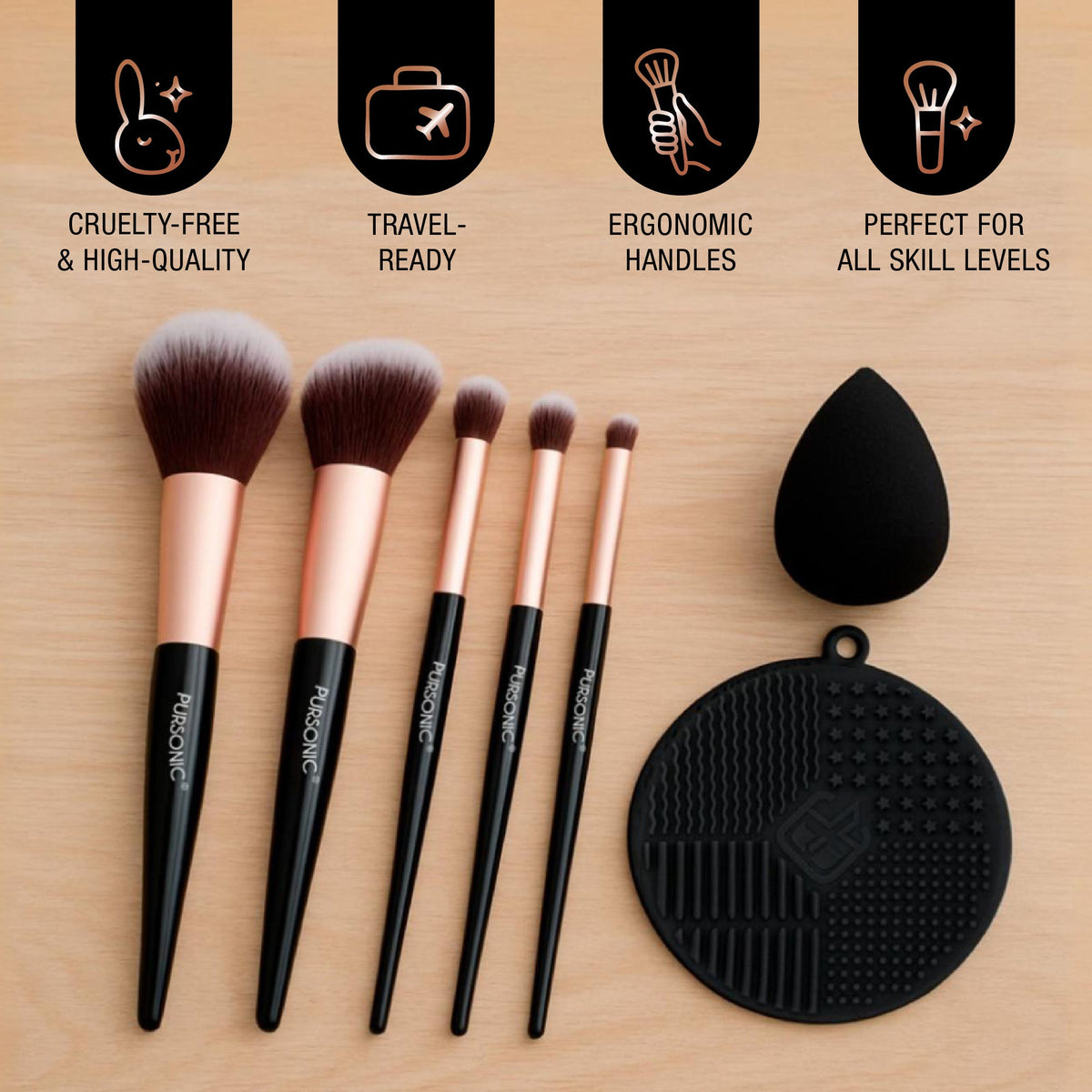8-Piece Pro Makeup Application Set – 7 Brushes + Blending Sponge