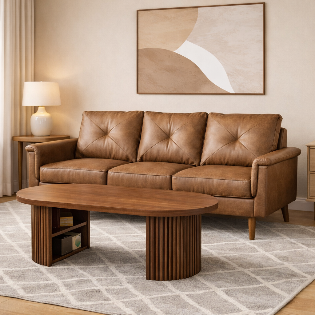 71.6" Mid Century Modern 3 Seat Sofa with 47" Oval Fluted Coffee Table Living Room Set Walnut