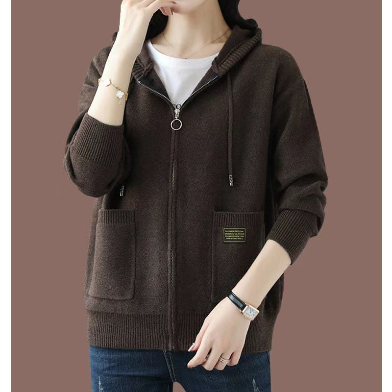 Zipper sweater with cap knit sweater jacket for women