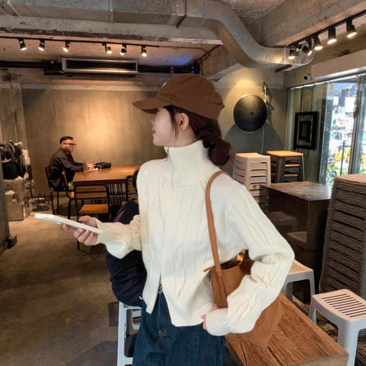 Lazy double zipper high neck sweater jacket for women