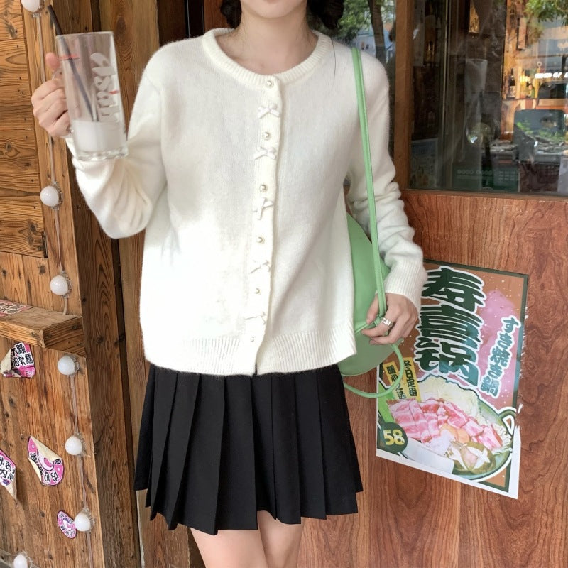 Butterfly knot pearl button knitted cardigan