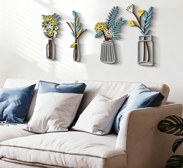 Three piece metal flower wall decoration flower black flower bottle minimalist art wall decoration living room bathroom home bed