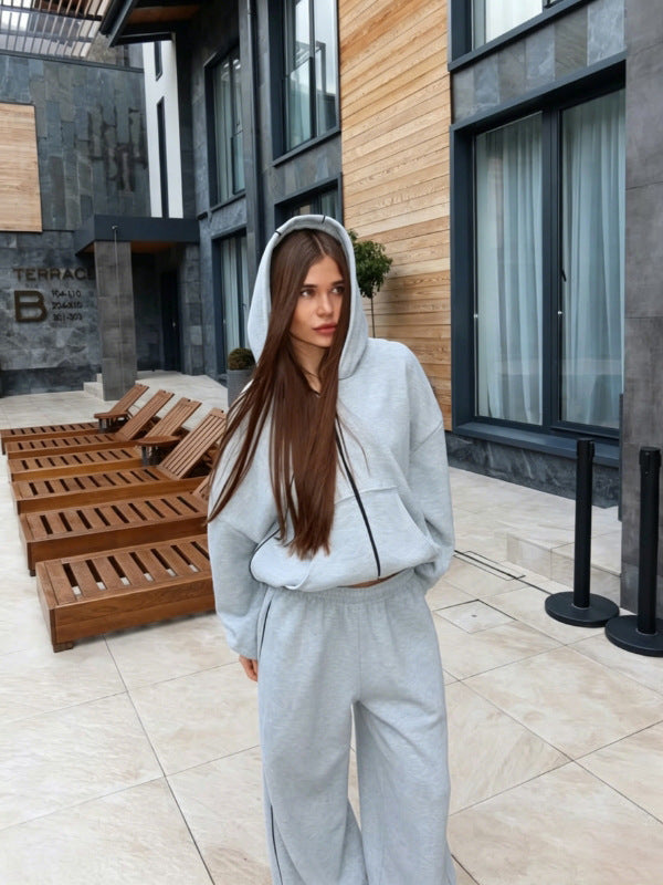 Women's Color-Block Hooded Zip-Up Set | Loose Straight-Leg Pants