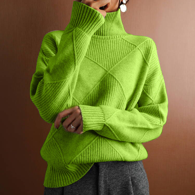 Commuter Knitwear Solid Color High Neck Diamond Sweater for Women