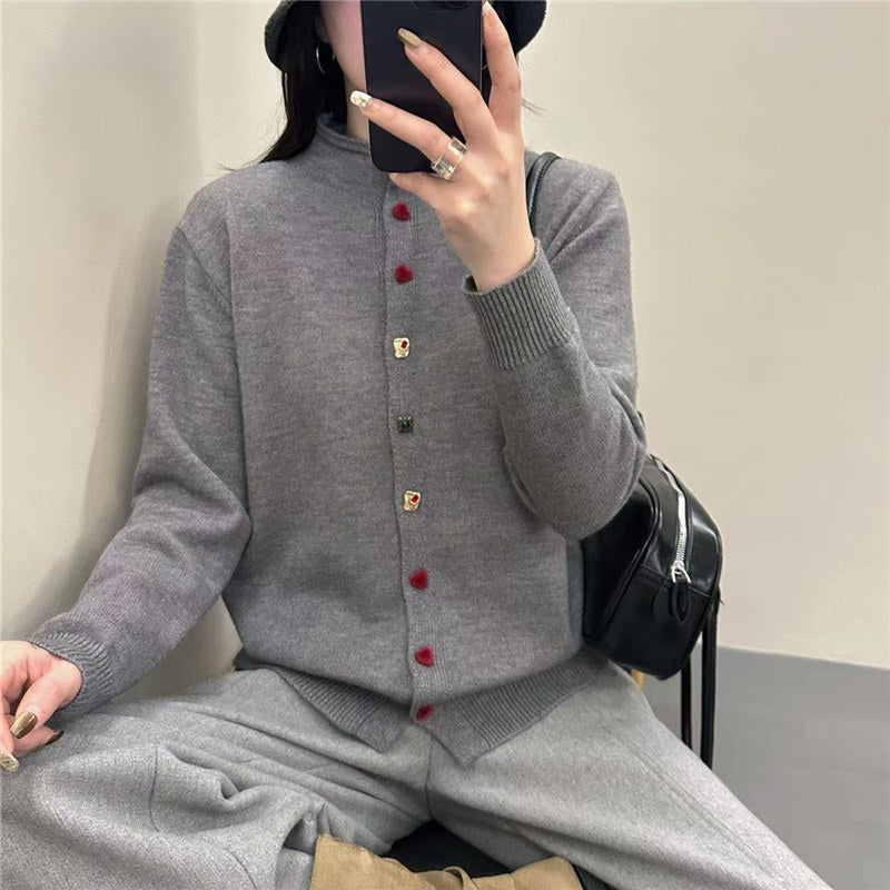 Half high neck chic heart button knit cardigan for women