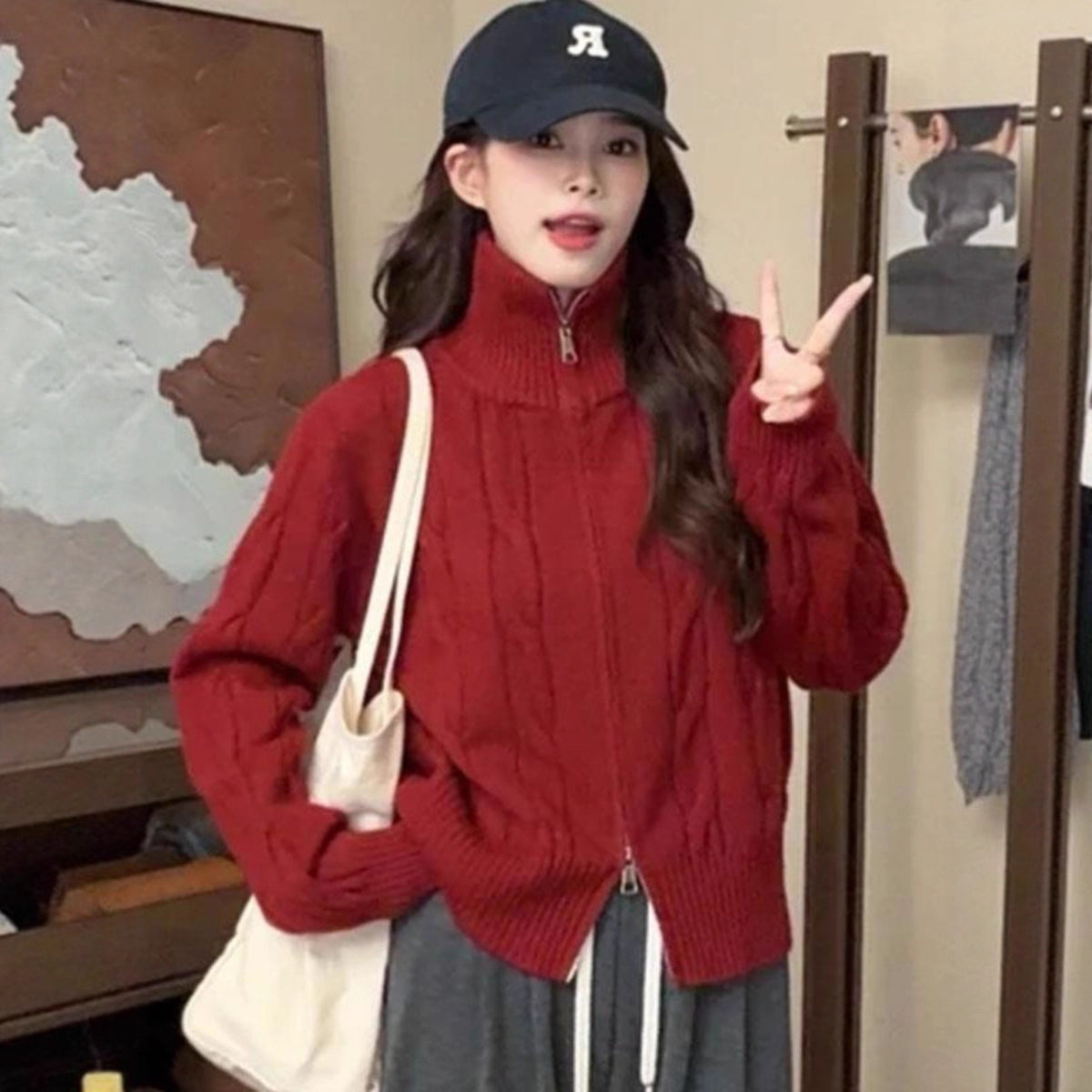 Lazy double zipper high neck sweater jacket for women