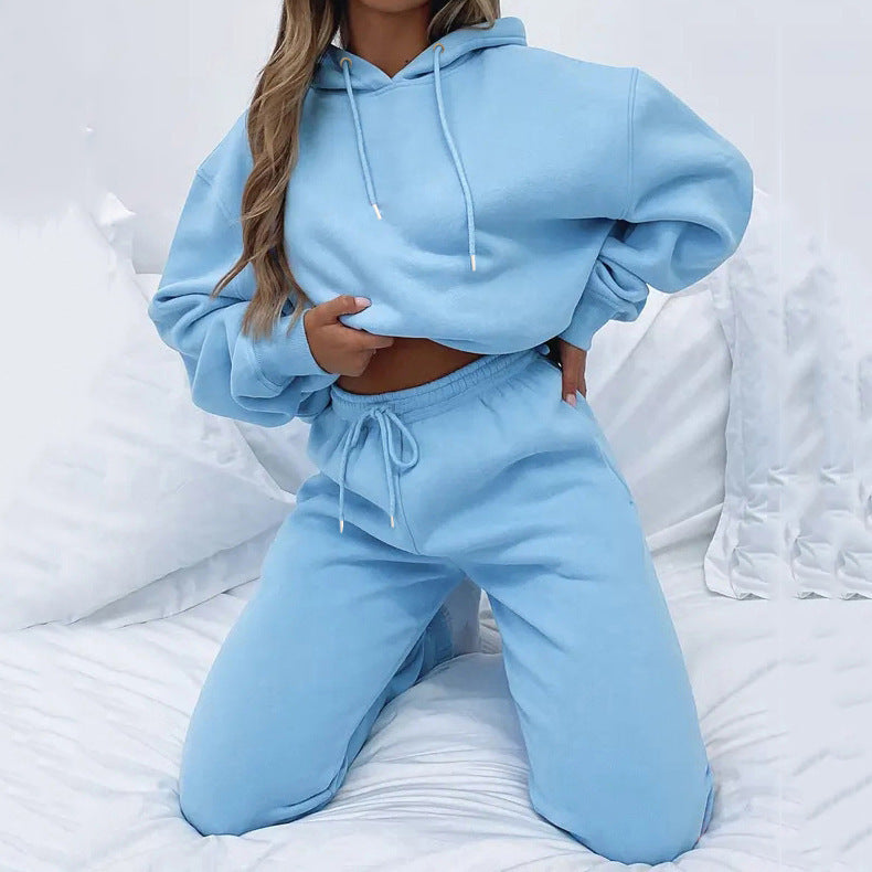 Solid Color Hooded Pullover Long Pants Women's Urban Casual Pocket Long Sleeve Sweatshirt Set