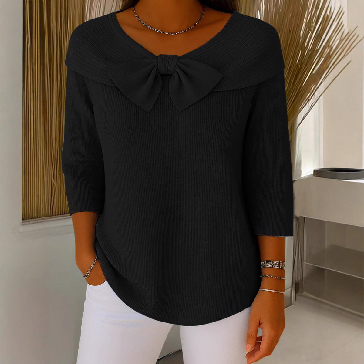 French long sleeved shirt with bow tie sweater for women