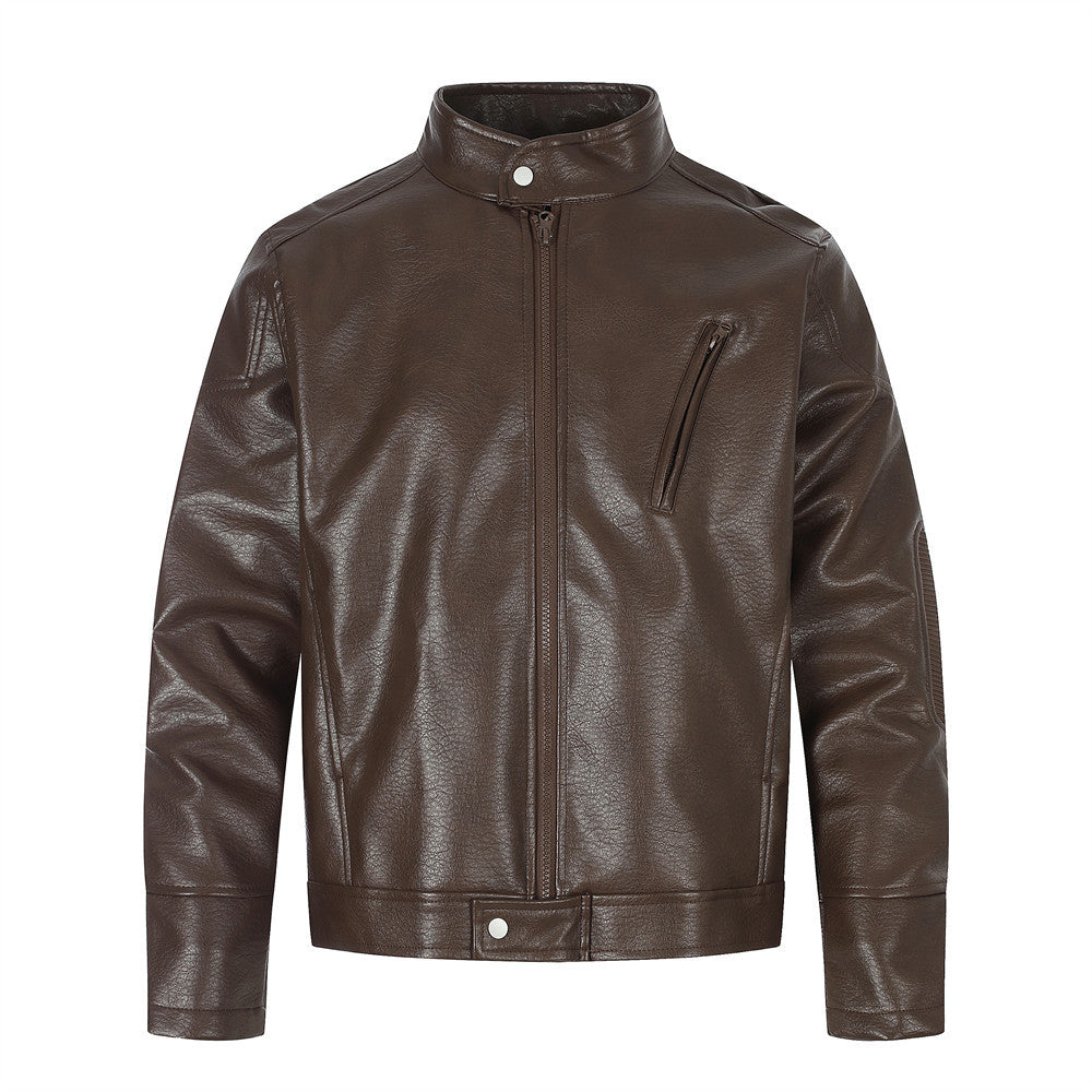 Solid color stand up collar PU leather jacket