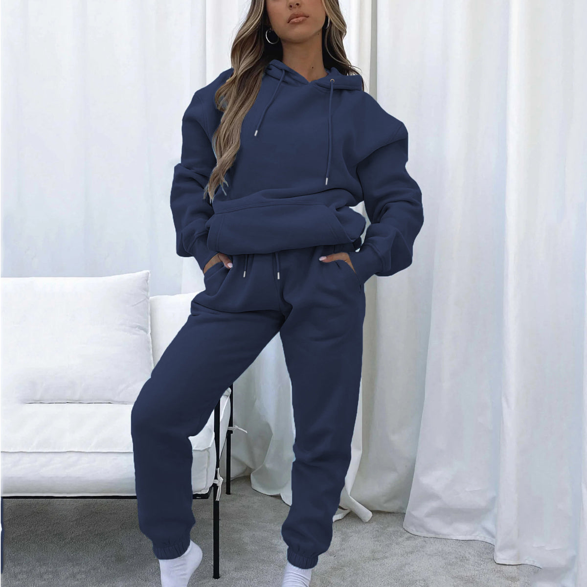 Solid Color Hooded Pullover Long Pants Women's Urban Casual Pocket Long Sleeve Sweatshirt Set