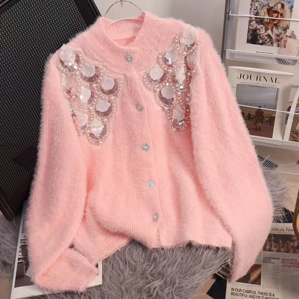 Sweet faux mink fur sweater cardigan for women