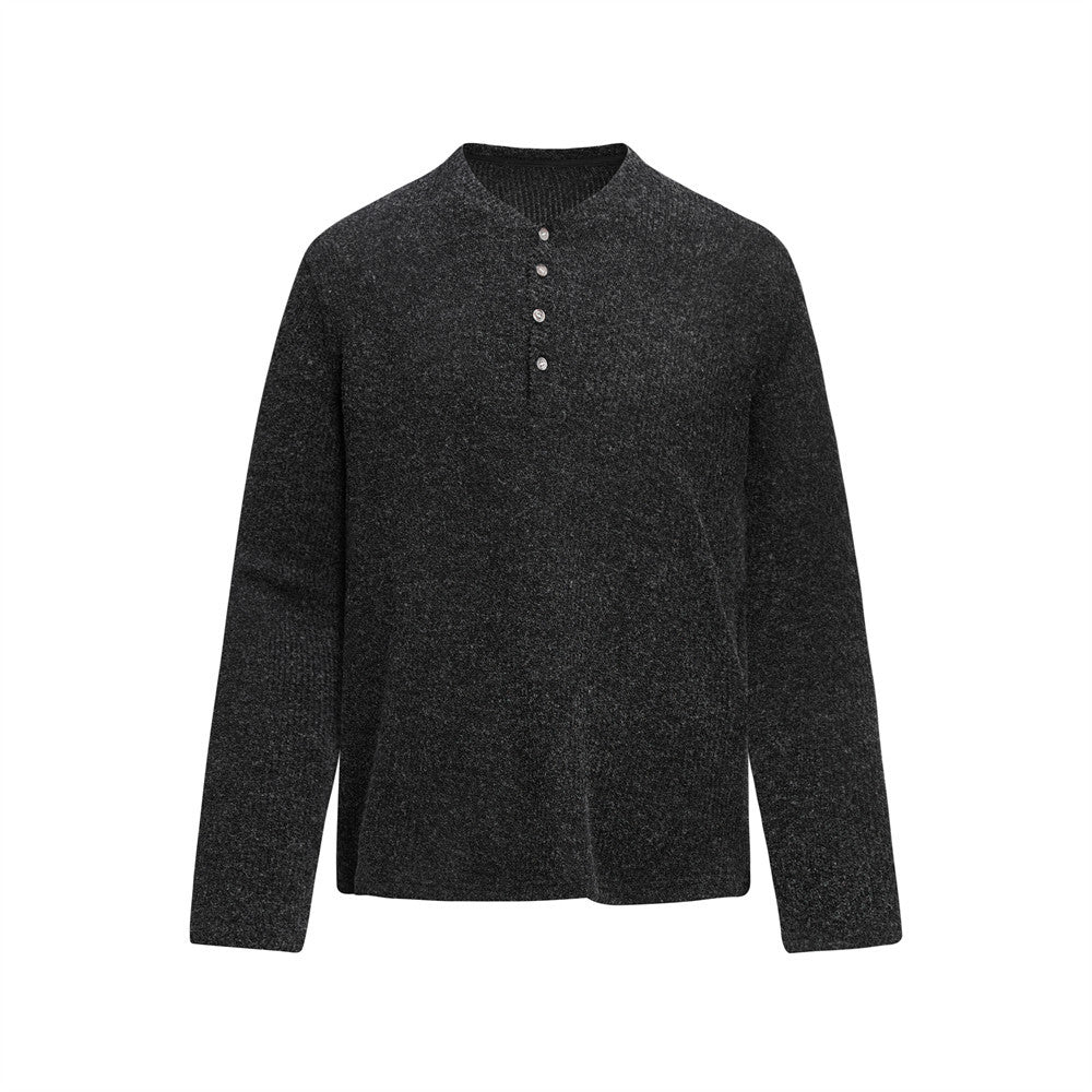 Solid color button half open collar long sleeved sweater