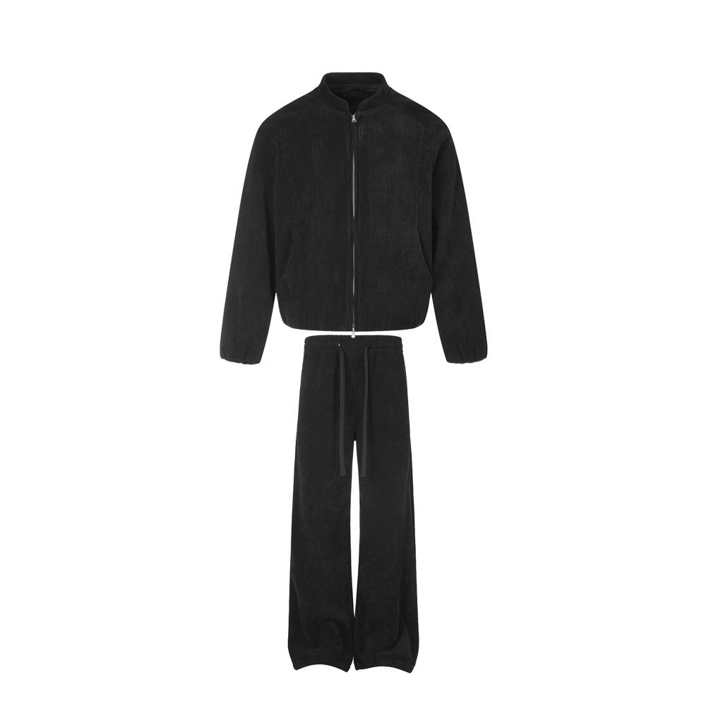 Sports suit with double zipper stand up collar jacket