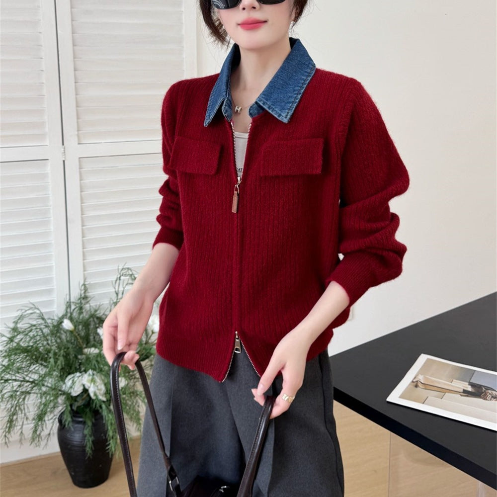 Double zipper knitted cardigan jacket for women