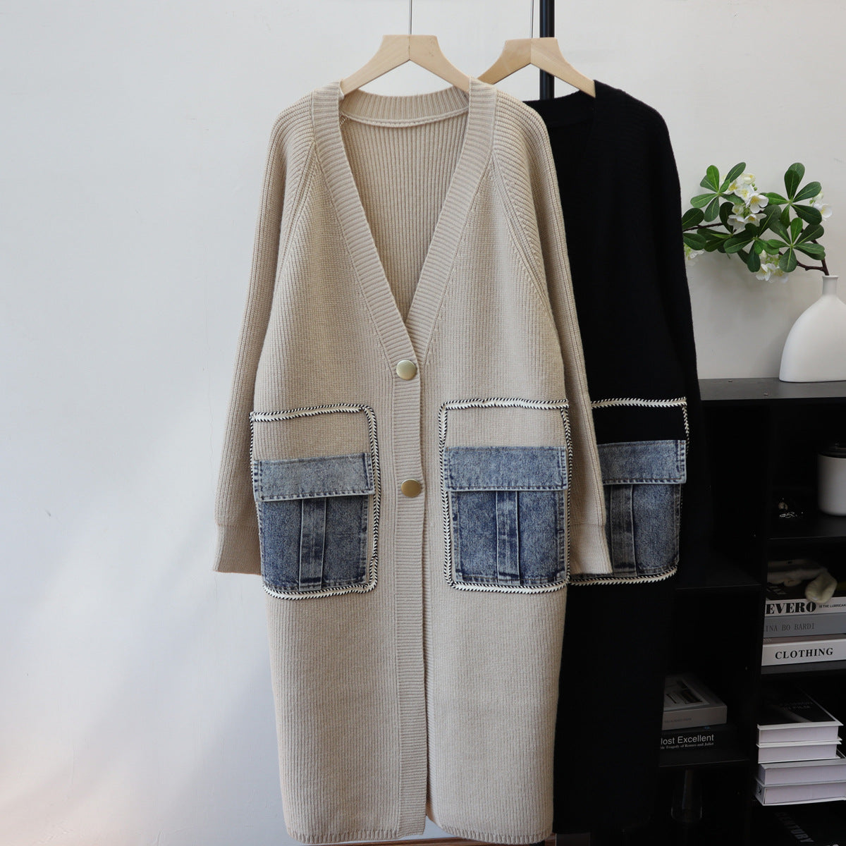 Long spliced denim pocket sweater