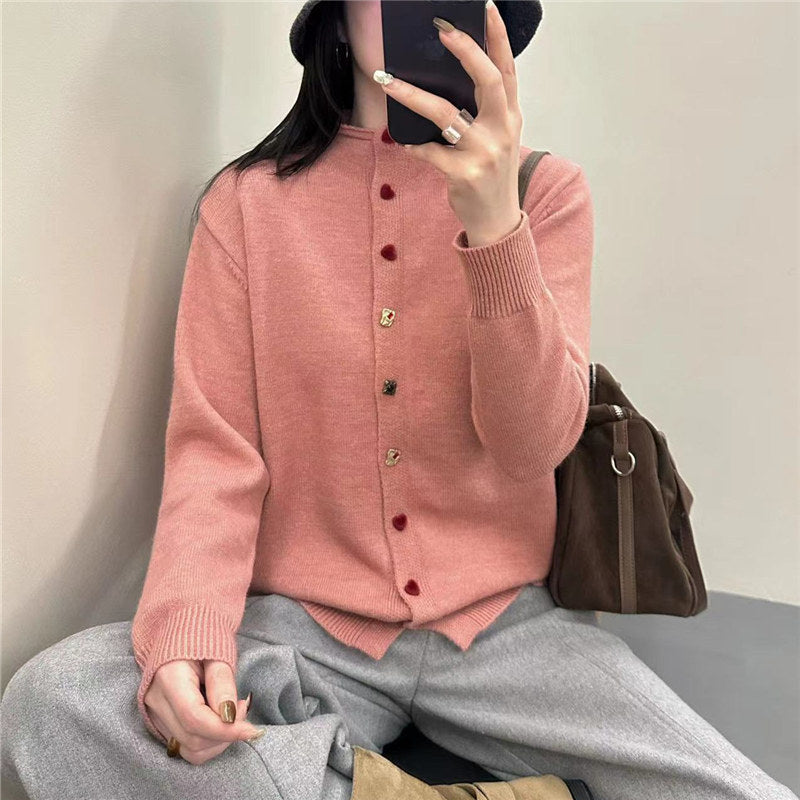 Half high neck chic heart button knit cardigan for women