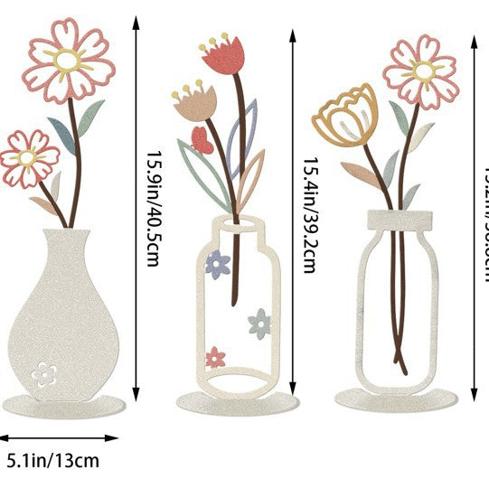 Wall Decoration Art Piece - 2D Flat Colorful Printed Vase with Flower Insert, Wall Silhouette for Living Room Interior Decor