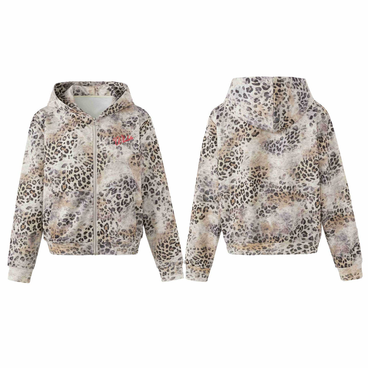 Trendy water-washed distressed printed leopard print short-sleeved hooded hoodie