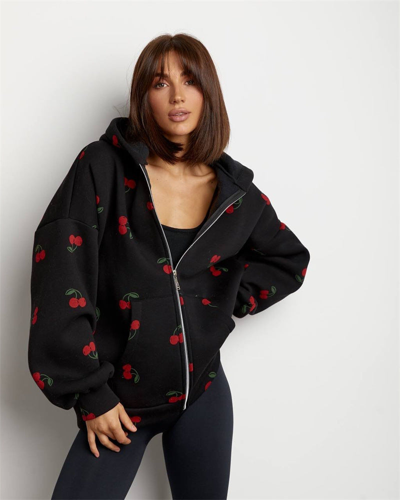 Cherry Print Hoodie Coat Street Style oose Versatile Sporty Hoodie